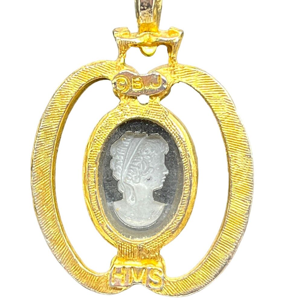 HMS Madeira Creations Necklace Cameo Carved Lucite Multi-Strand Gold Tone Retro